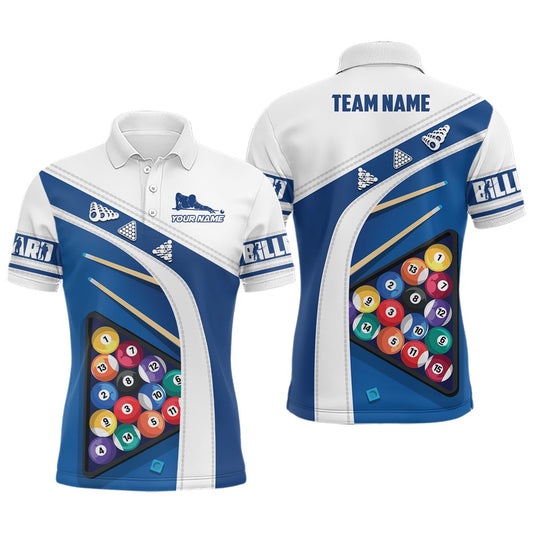 Billiard Polo Shirts, Personalized Blue White Billiard Balls 3D Polo Shirts, Custom 8 Ball Billiards Jerseys, Billiards Team Shirts