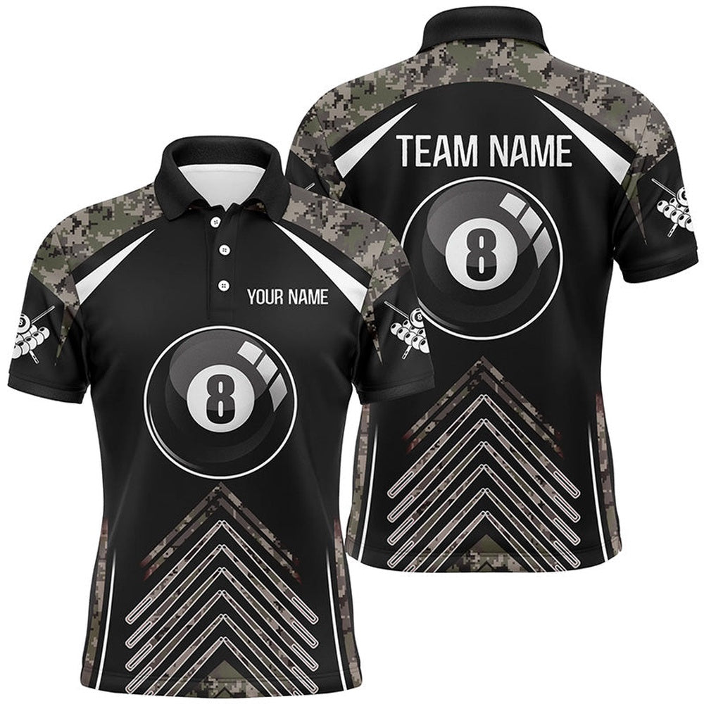 Billiard Polo Shirts, Personalized Camo Black Billiard 8 Ball Pool Polo Shirts, Billiards Team Shirts