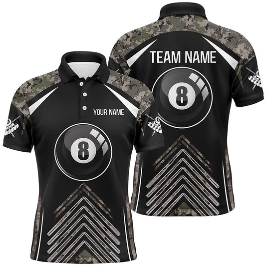 Billiard Polo Shirts, Personalized Camo Black Billiard 8 Ball Pool Polo Shirts, Billiards Team Shirts