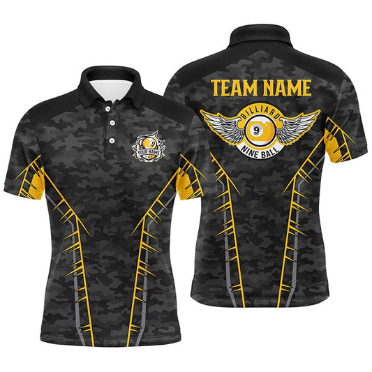Billiard Polo Shirts, Personalized Camo Yellow 9 Ball Pool Polo Shirts, Custom Billiard 9 Ball Team Jerseys, Billiards Team Shirts