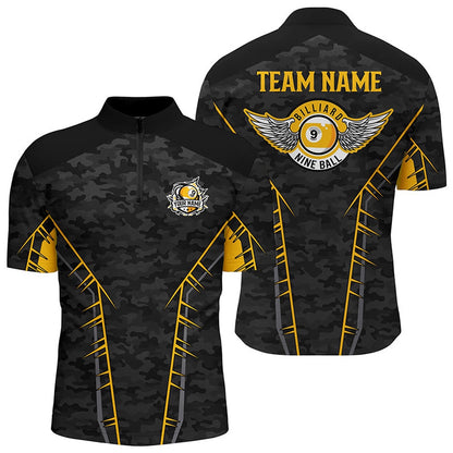 Billiard Polo Shirts, Personalized Camo Yellow 9 Ball Pool Polo Shirts, Custom Billiard 9 Ball Team Jerseys, Billiards Team Shirts