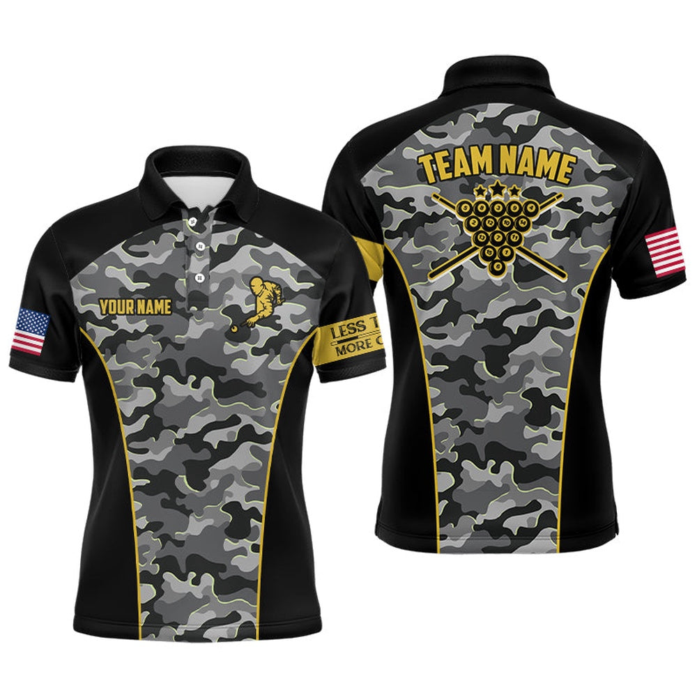 Billiard Polo Shirts, Personalized Camouflage Black Yellow Billiard Polo Shirts, Custom Player Billiards Jerseys, Billiards Team Shirts