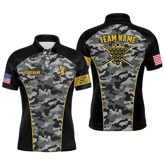 Billiard Polo Shirts, Personalized Camouflage Black Yellow Billiard Polo Shirts, Custom Player Billiards Jerseys, Billiards Team Shirts
