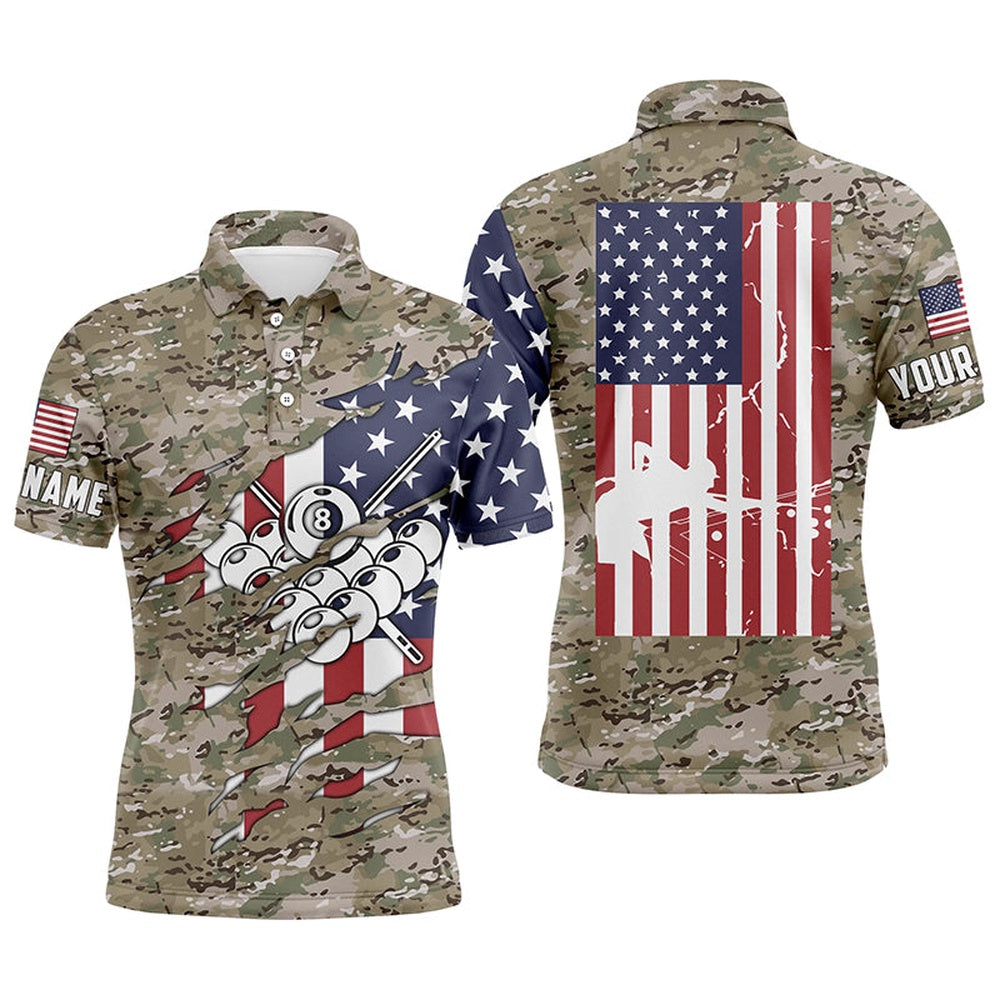 Billiard Polo Shirts, Personalized Camouflage US Flag Billiard Balls Polo Shirts, Custom 8 Ball Billiard Jerseys, Billiards Team Shirts
