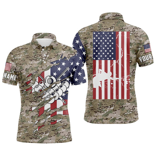 Billiard Polo Shirts, Personalized Camouflage US Flag Billiard Balls Polo Shirts, Custom 8 Ball Billiard Jerseys, Billiards Team Shirts