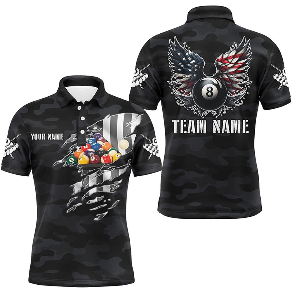 Billiard Polo Shirts, Personalized Camouflage US Flag Billiard Balls Shirts, Billiards Team Shirts