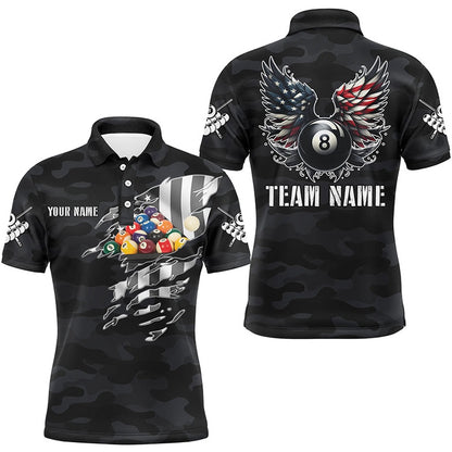 Billiard Polo Shirts, Personalized Camouflage US Flag Billiard Balls Shirts, Billiards Team Shirts