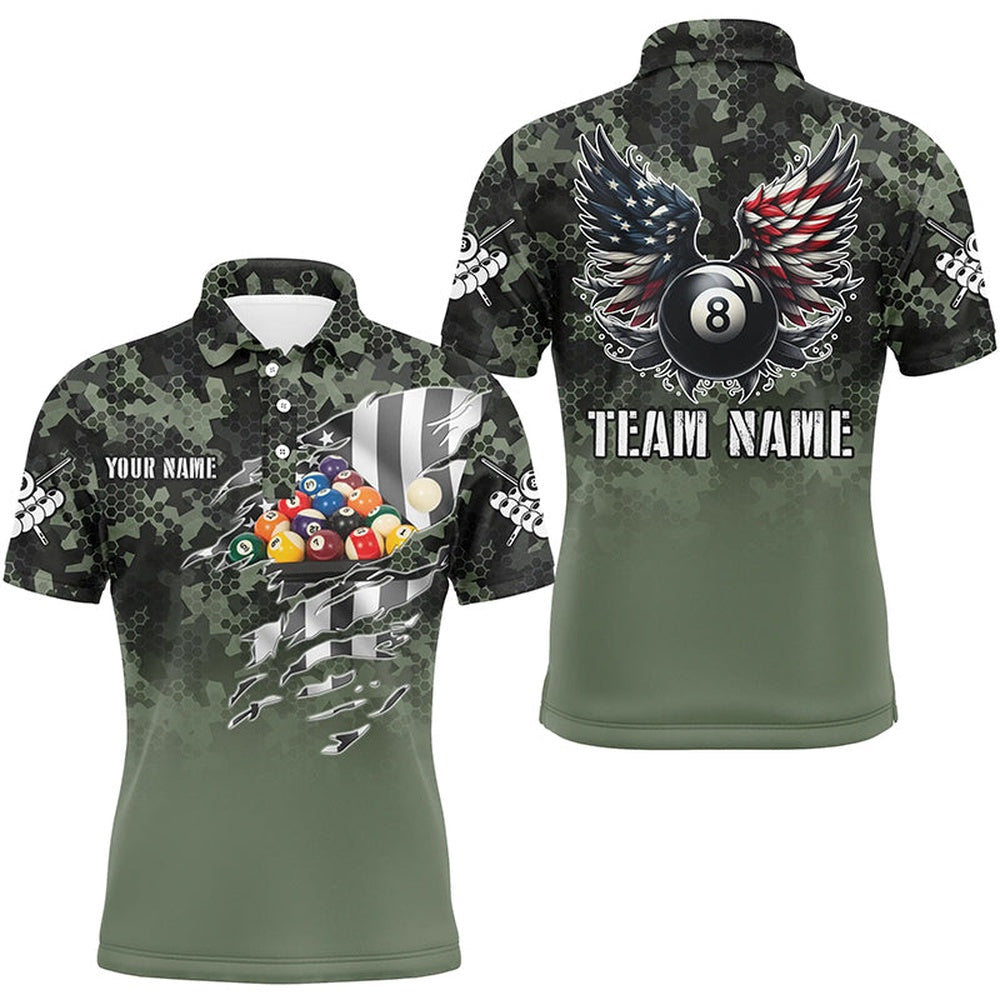 Billiard Polo Shirts, Personalized Camouflage US Flag Billiard Balls Shirts, Funny Billiard 8 Ball Wings Jerseys, Billiards Team Shirts