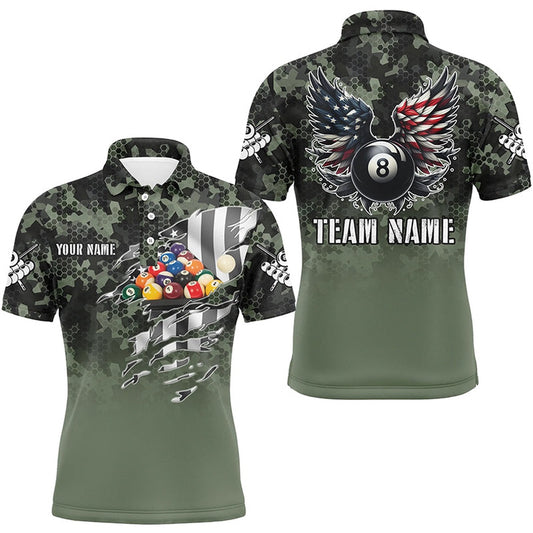 Billiard Polo Shirts, Personalized Camouflage US Flag Billiard Balls Shirts, Funny Billiard 8 Ball Wings Jerseys, Billiards Team Shirts