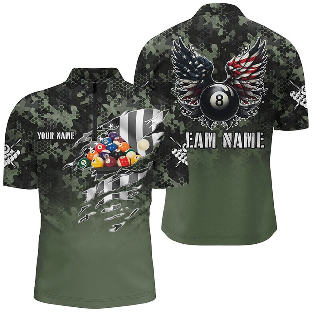 Billiard Polo Shirts, Personalized Camouflage US Flag Billiard Balls Shirts, Funny Billiard 8 Ball Wings Jerseys, Billiards Team Shirts