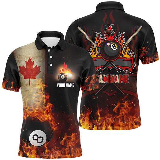 Billiard Polo Shirts, Personalized Canadian Flag 8 Ball Pool On Fire 3D Billiard Polo Shirts, Billiards Jerseys, Billiards Team Shirts