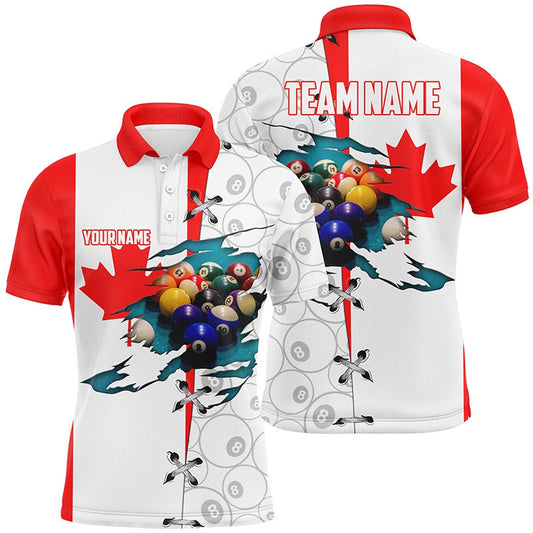 Billiard Polo Shirts, Personalized Canadian Flag Billiard Polo Shirts, Custom 8 Ball Pattern Pool Balls Jerseys, Billiards Team Shirts