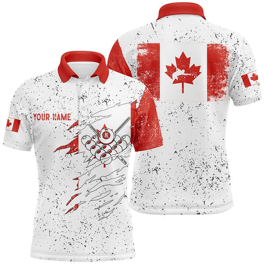 Billiard Polo Shirts, Personalized Canadian Flag Billiard White Grunge Polo Shirts, Custom Billiard Player Shirts, Billiards Team Shirts