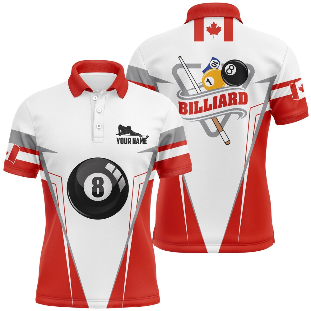 Billiard Polo Shirts, Personalized Canadian Flag Billiards Polo Shirts, Custom 8 Ball Pool Player Jerseys, Billiards Team Shirts