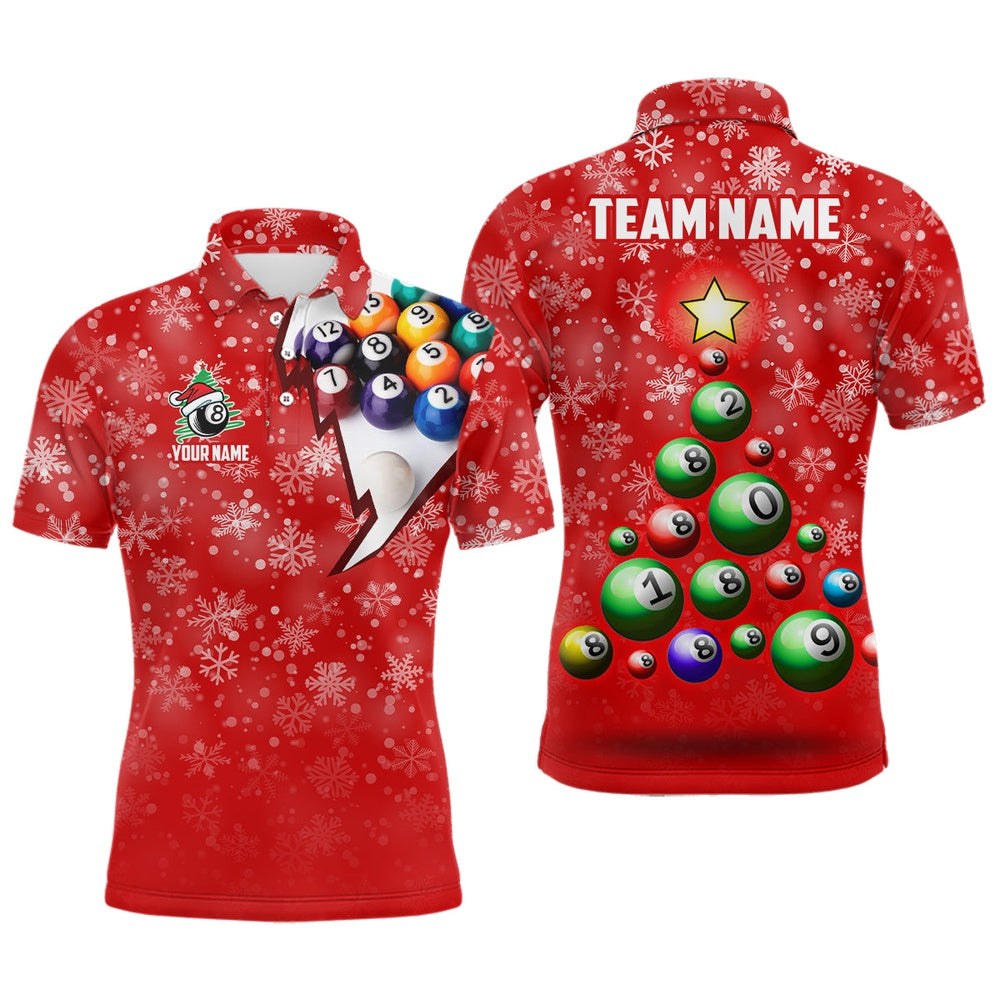 Billiard Polo Shirts, Personalized Christmas Tree Billiard Balls Polo Shirts Custom Christmas 8 Ball Pool Shirts, Billiards Team Shirts
