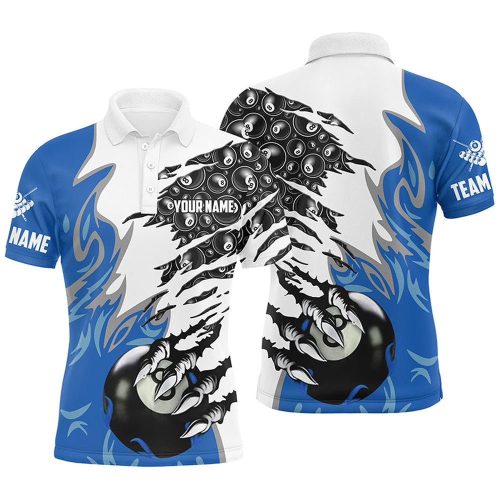 Billiard Polo Shirts, Personalized Claw 8 Ball Pool Blue 3D Billiard Polo Shirts Best Billiard Apparel Clothing, Billiards Team Shirts