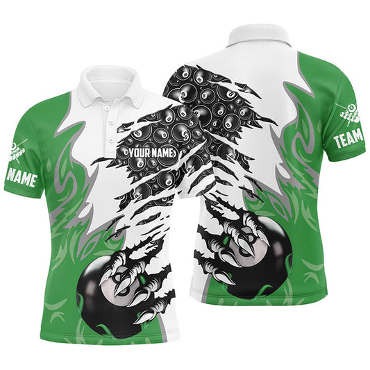 Billiard Polo Shirts, Personalized Claw 8 Ball Pool Green 3D Billiard Polo Shirts Best Billiard Apparel Clothing, Billiards Team Shirts