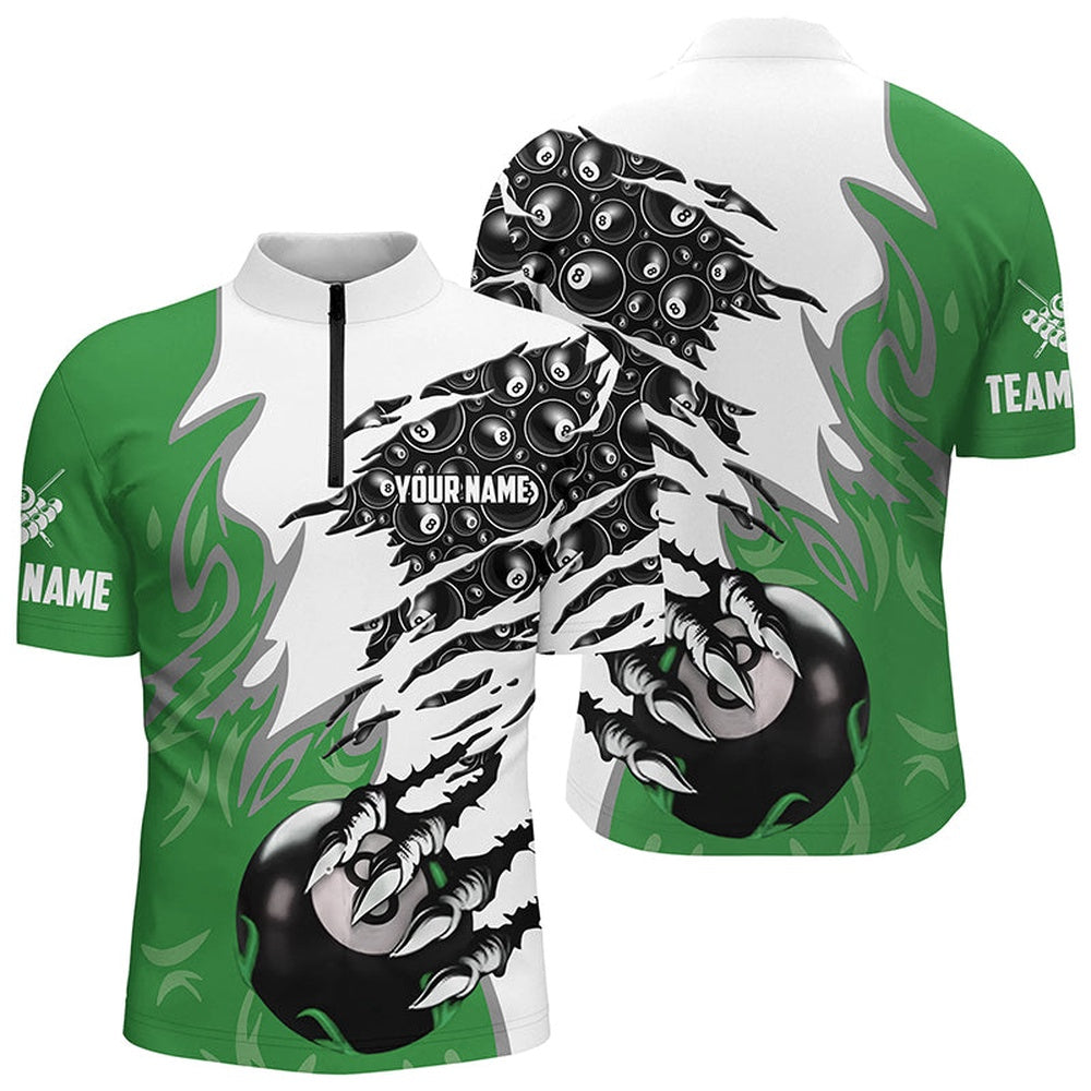 Billiard Polo Shirts, Personalized Claw 8 Ball Pool Green 3D Billiard Polo Shirts Best Billiard Apparel Clothing, Billiards Team Shirts