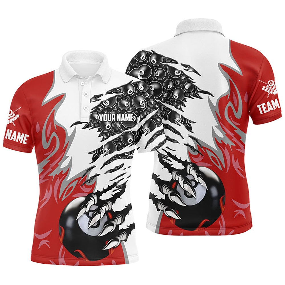 Billiard Polo Shirts, Personalized Claw 8 Ball Pool Red 3D Billiard Polo Shirts Best Billiard Apparel Clothing, Billiards Team Shirts