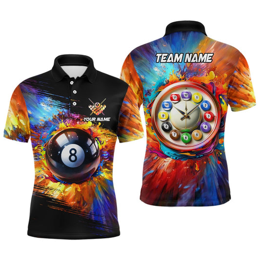 Billiard Polo Shirts, Personalized Colorful Billiard Clock Shirts, Custom Funny 8 Ball Pool Polo Shirts Design, Billiards Team Shirts