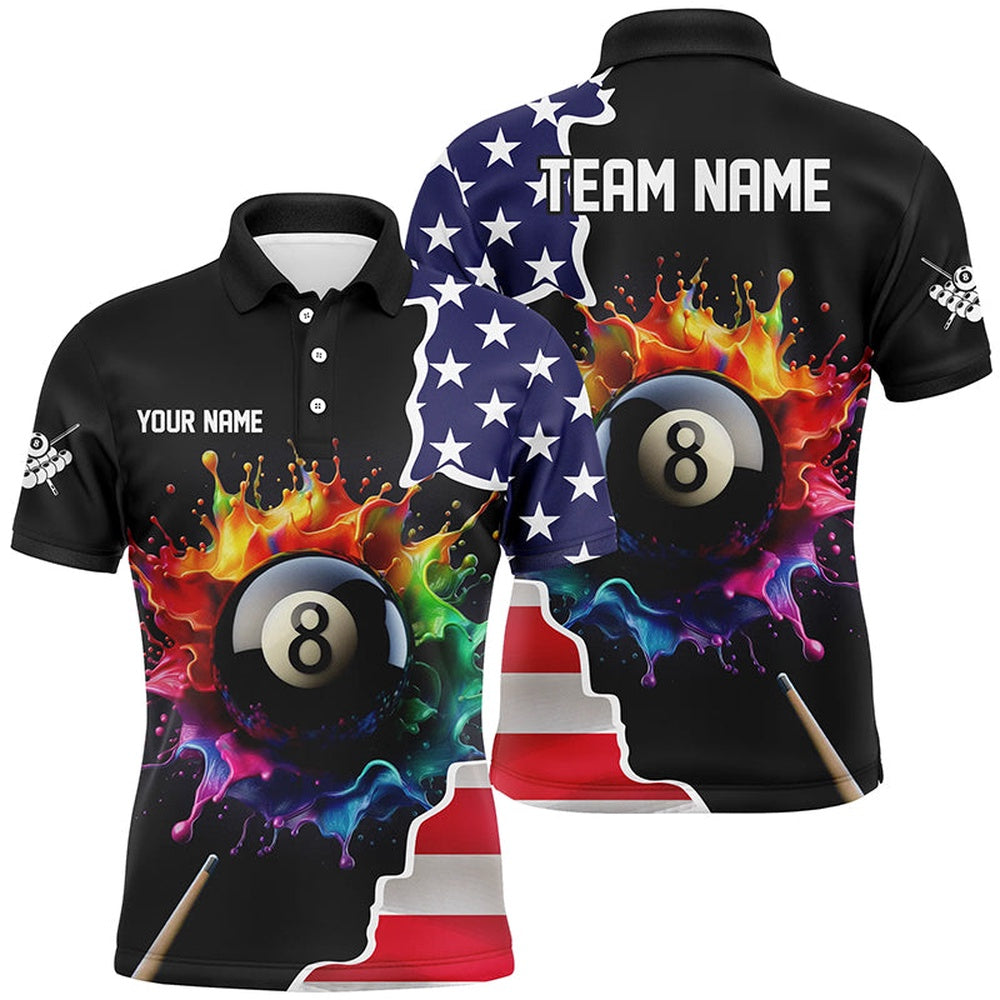 Billiard Polo Shirts, Personalized Colorful Paint 8 Ball Pool Custom Usa Flag Billiard Polo Shirts, Billiard Apparel, Billiards Team Shirts