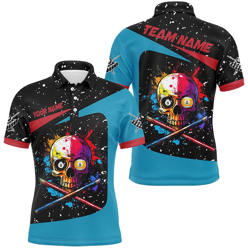 Billiard Polo Shirts, Personalized Colorful Skull 8 Ball 9 Ball Billiard Shirts Custom Grunge Billiard Jerseys, Billiards Team Shirts