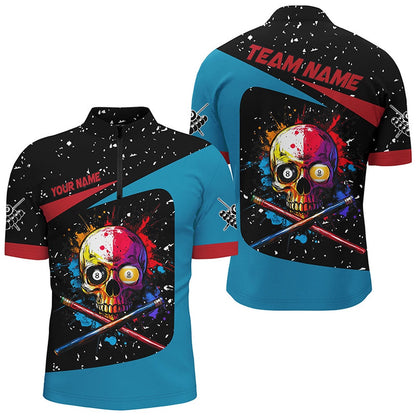 Billiard Polo Shirts, Personalized Colorful Skull 8 Ball 9 Ball Billiard Shirts Custom Grunge Billiard Jerseys, Billiards Team Shirts