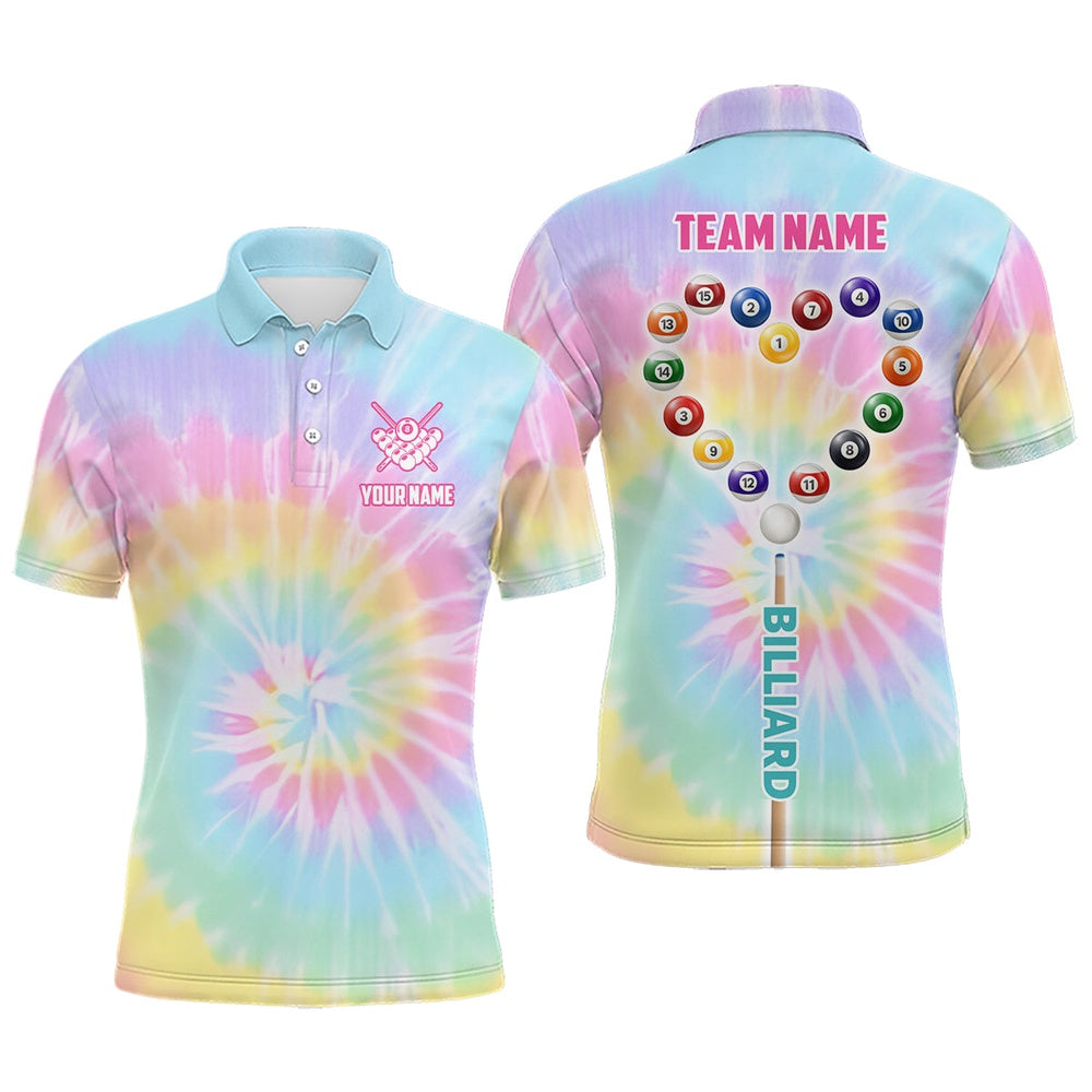 Billiard Polo Shirts, Personalized Colorful Tie Dye With Heart Billiard Polo Shirts, Unique Billiard Shirts Gifts, Billiards Team Shirts