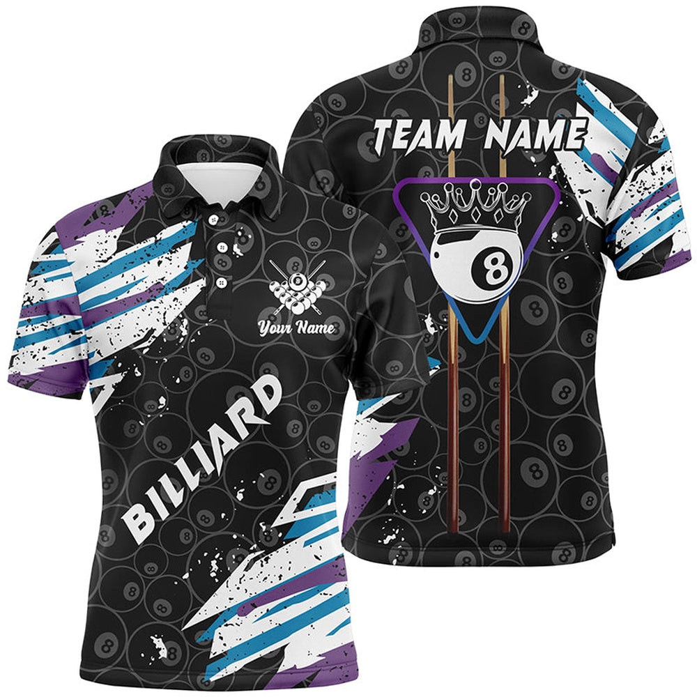 Billiard Polo Shirts, Personalized Crown 8 Ball Pool 3D Polo Shirts, 8 Ball Pattern Paint Color Billiards Jerseys, Billiards Team Shirts