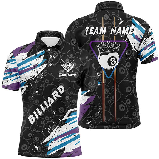 Billiard Polo Shirts, Personalized Crown 8 Ball Pool 3D Polo Shirts, 8 Ball Pattern Paint Color Billiards Jerseys, Billiards Team Shirts