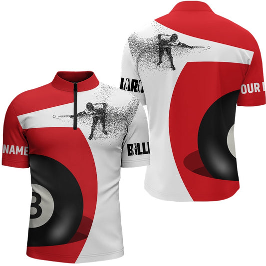 Billiard Polo Shirts, Personalized Customized 3D Funny Billiard Player 8 Ball Pool Red White Polo Shirts, Billiards Team Shirts