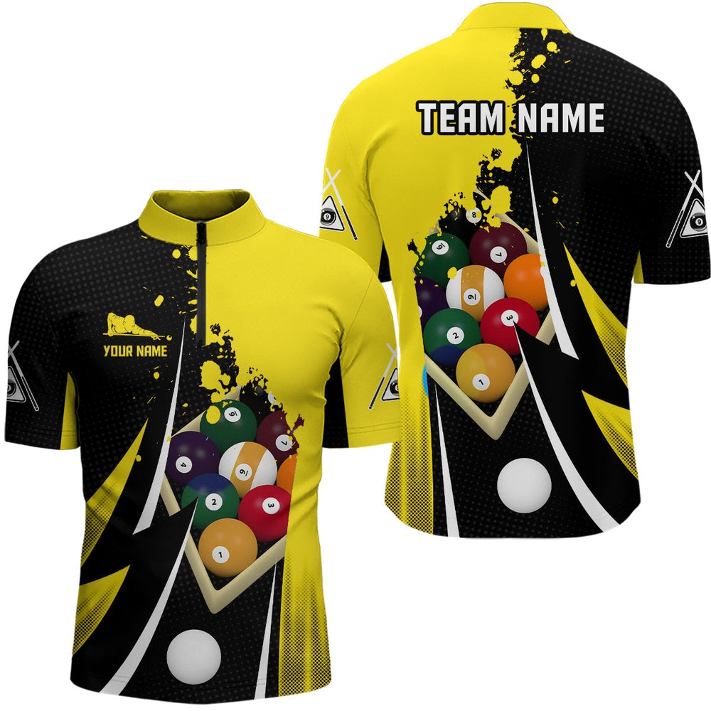 Billiard Polo Shirts, Personalized Customized 9 Ball Pool Billiard Balls 3D Black Yellow Polo Shirts, Billiards Team Shirts
