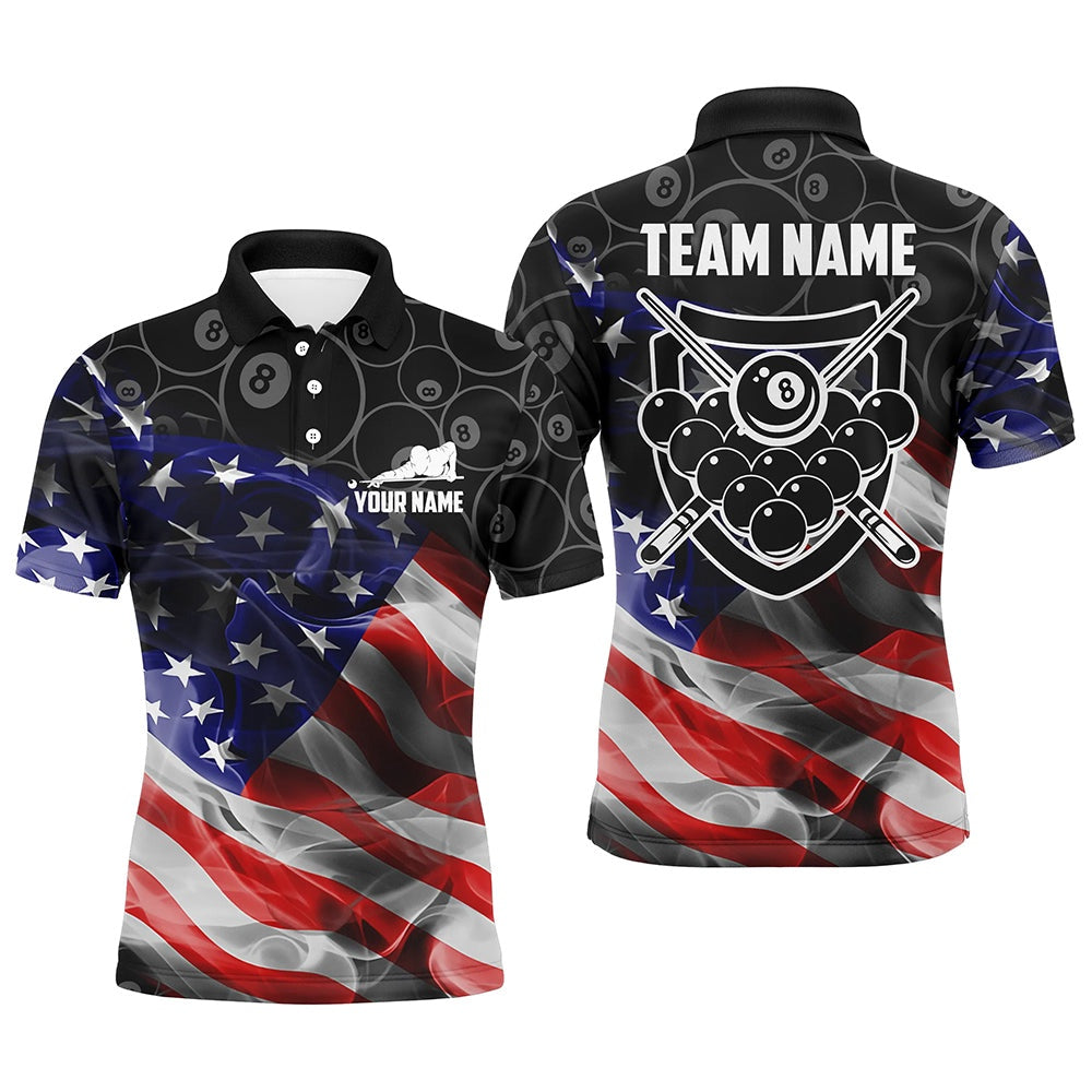 Billiard Polo Shirts, Personalized Customized Billiard US Flag Smoke 8 Ball Pattern Billiards Black 3D Polo Shirts, Billiards Team Shirts