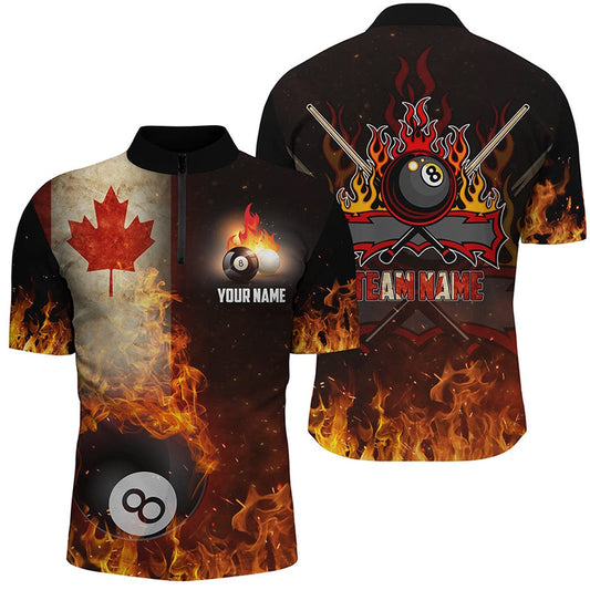 Billiard Polo Shirts, Personalized Customized Canadian Flag 8 Ball Pool On Fire 3D Billiard Polo Shirts, Billiards Team Shirts