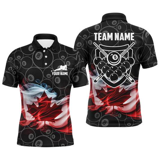 Billiard Polo Shirts, Personalized Customized Canadian Flag Smoke 8 Ball Pool Pattern Billiard 3D Polo Shirts, Billiards Team Shirts