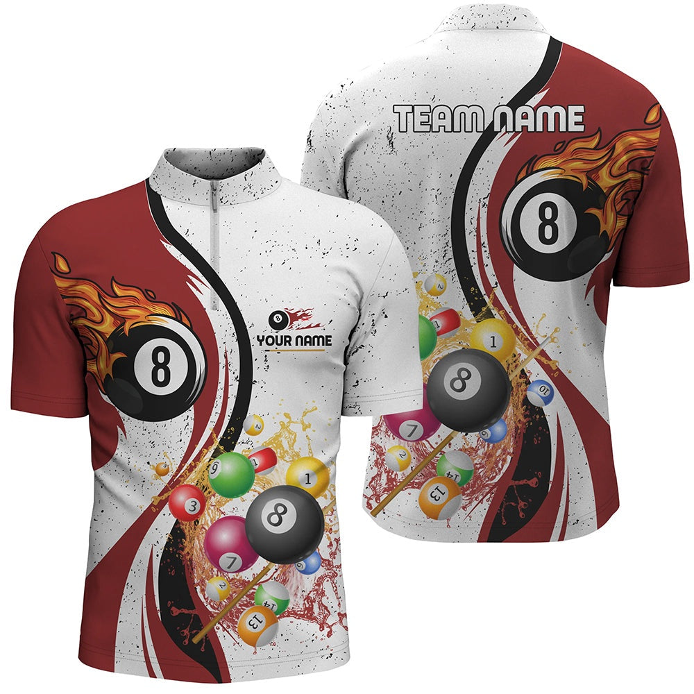 Billiard Polo Shirts, Personalized Customized Fire And Water 8 Ball Billiard Balls Red White Polo Shirts, Billiards Team Shirts