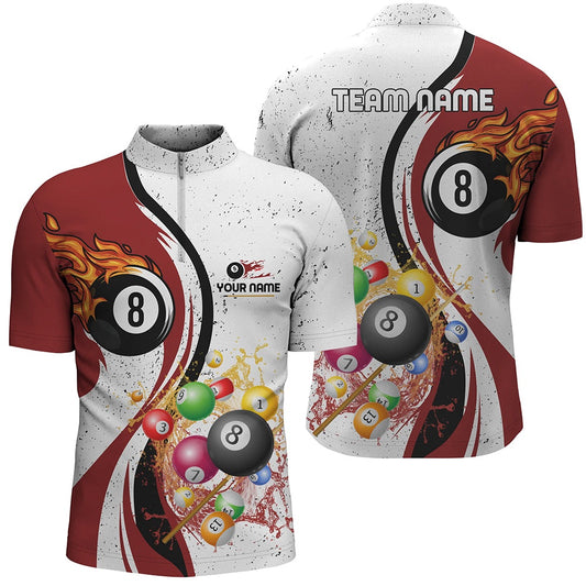 Billiard Polo Shirts, Personalized Customized Fire And Water 8 Ball Billiard Balls Red White Polo Shirts, Billiards Team Shirts