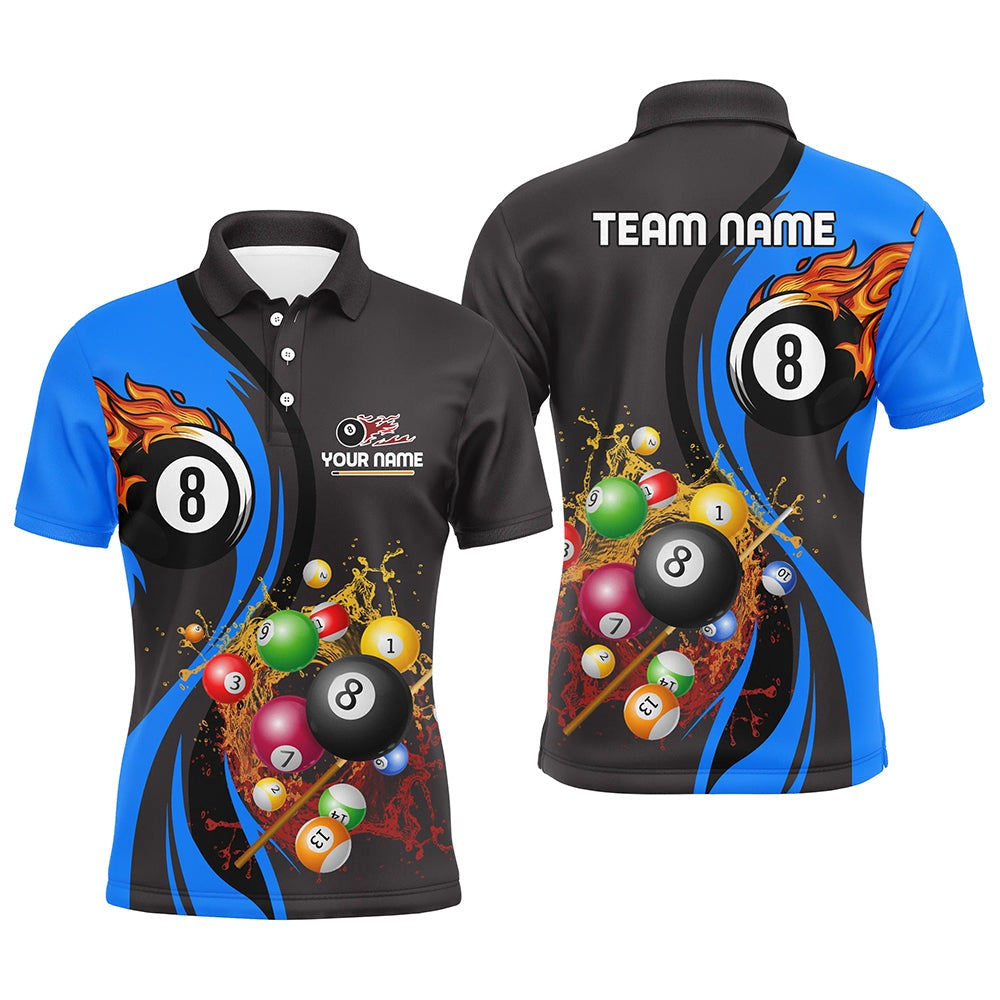 Billiard Polo Shirts, Personalized Customized Fire And Water 8 Ball Pool Billiard Balls Blue Polo Shirts, Billiards Team Shirts
