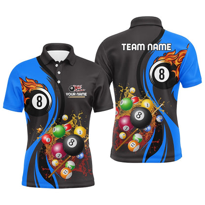 Billiard Polo Shirts, Personalized Customized Fire And Water 8 Ball Pool Billiard Balls Blue Polo Shirts, Billiards Team Shirts