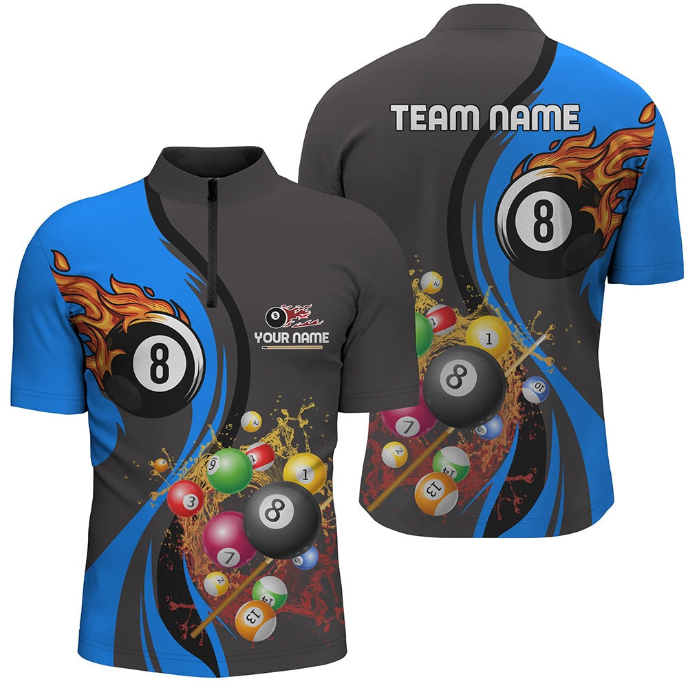 Billiard Polo Shirts, Personalized Customized Fire And Water 8 Ball Pool Billiard Balls Blue Polo Shirts, Billiards Team Shirts