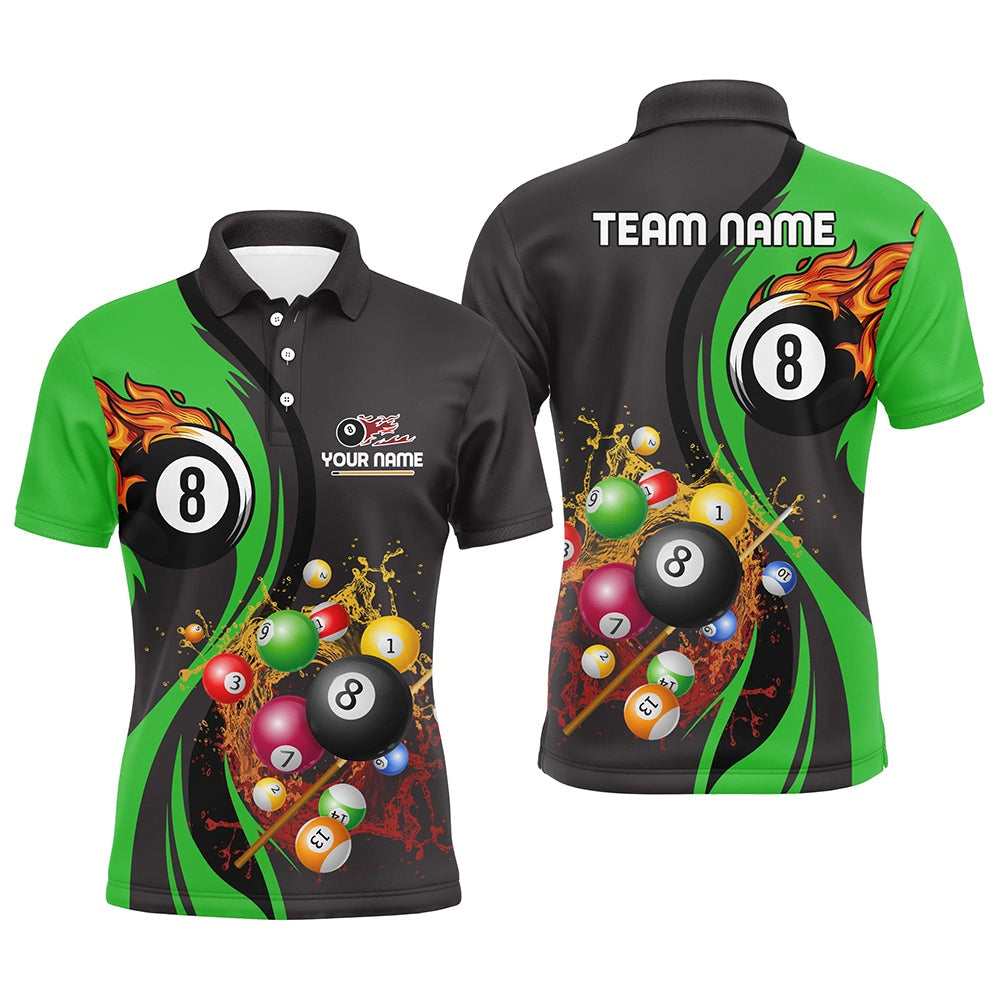 Billiard Polo Shirts, Personalized Customized Fire And Water 8 Ball Pool Billiard Balls Green Polo Shirts, Billiards Team Shirts