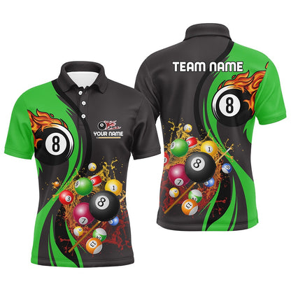 Billiard Polo Shirts, Personalized Customized Fire And Water 8 Ball Pool Billiard Balls Green Polo Shirts, Billiards Team Shirts