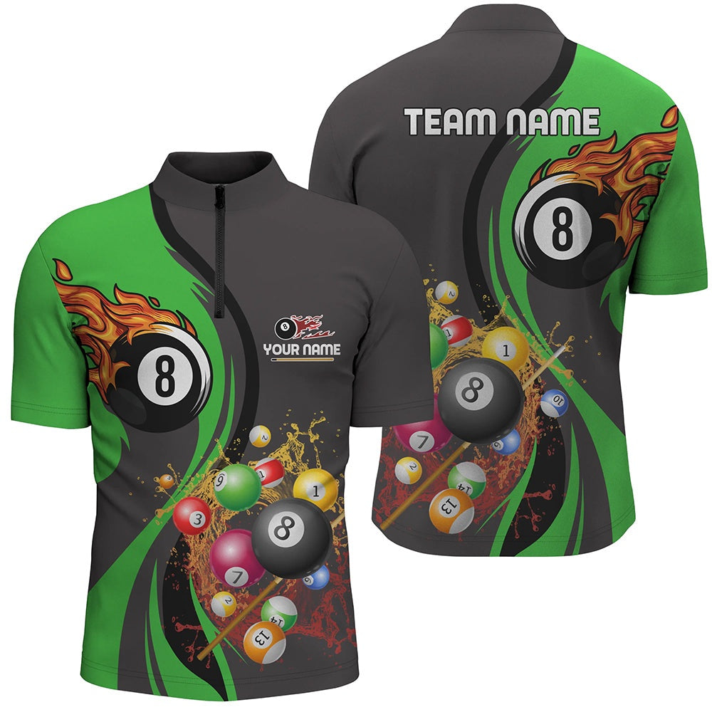 Billiard Polo Shirts, Personalized Customized Fire And Water 8 Ball Pool Billiard Balls Green Polo Shirts, Billiards Team Shirts