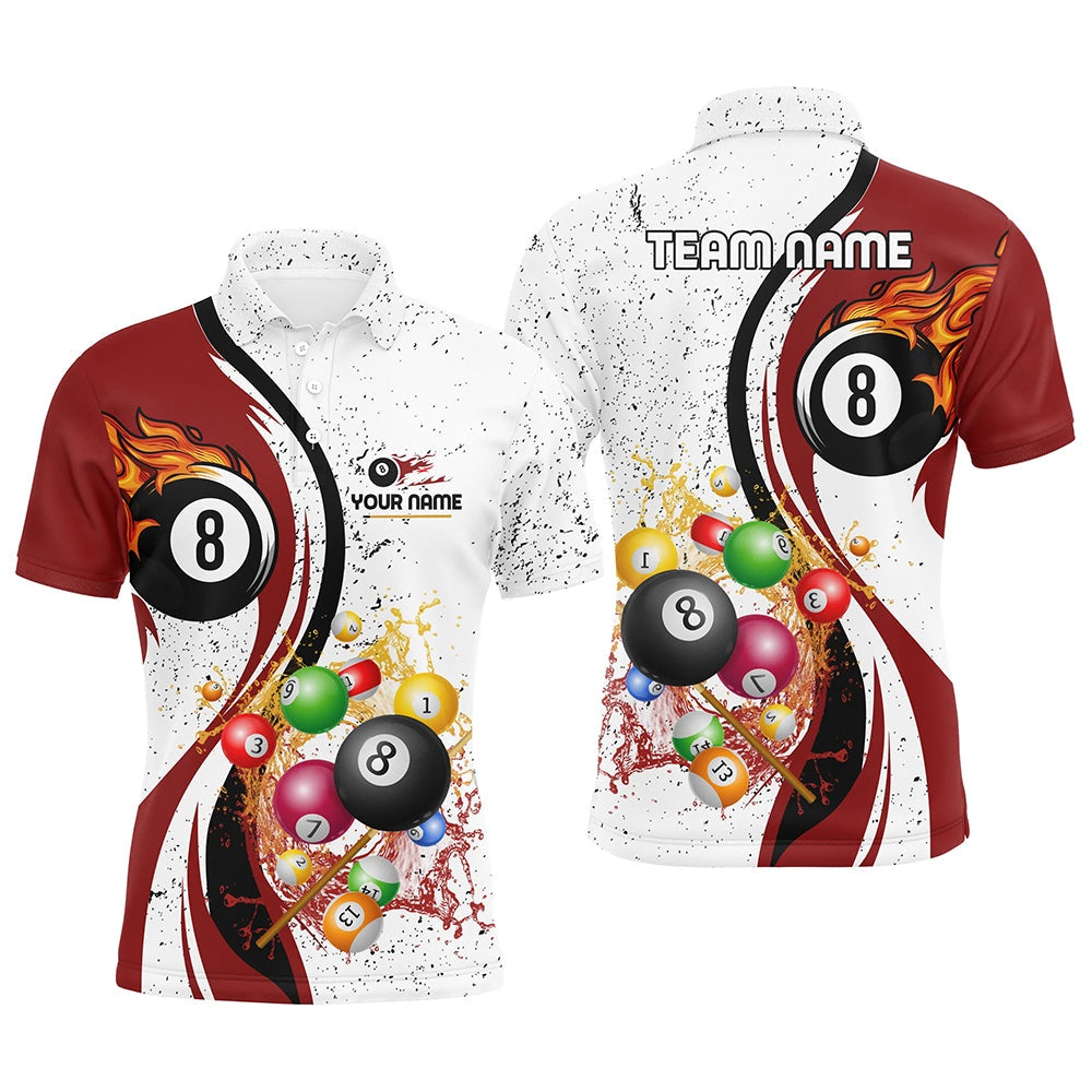 Billiard Polo Shirts, Personalized Customized Fire And Water 8 Ball Pool Billiard Balls Red White Polo Shirts, Billiards Team Shirts