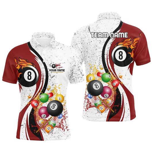 Billiard Polo Shirts, Personalized Customized Fire And Water 8 Ball Pool Billiard Balls Red White Polo Shirts, Billiards Team Shirts