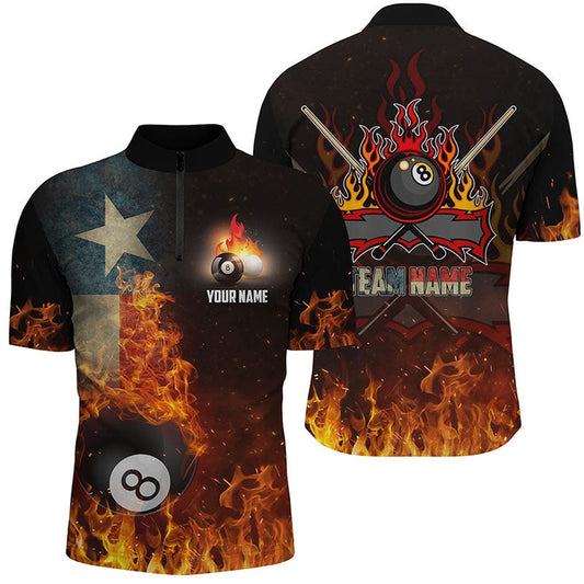 Billiard Polo Shirts, Personalized Customized Texas Flag 8 Ball Pool On Fire 3D Billiard Polo Shirts, Billiards Team Shirts
