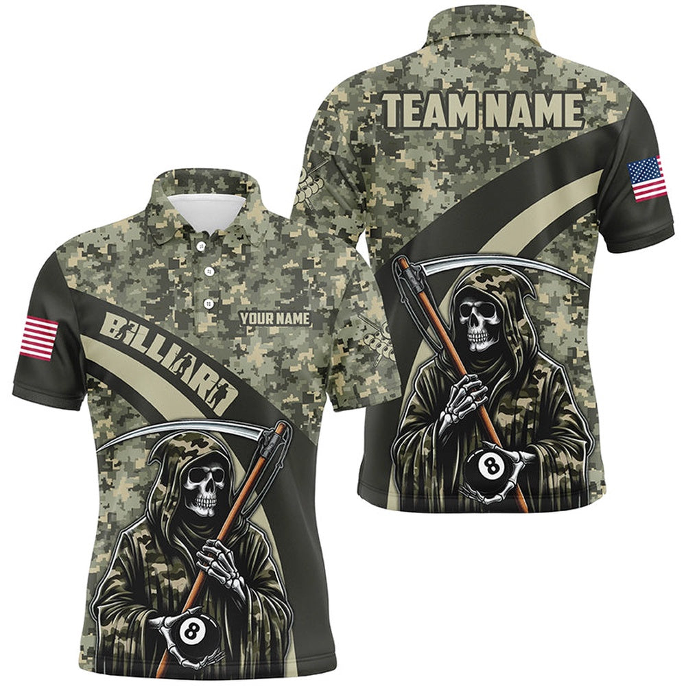 Billiard Polo Shirts, Personalized Death Skeleton Green Camo Billiard Shirts Custom Military Billiard Jerseys, Billiards Team Shirts