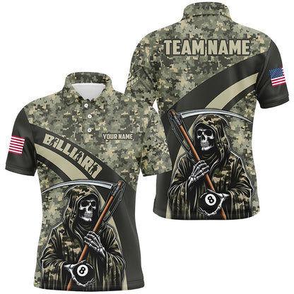 Billiard Polo Shirts, Personalized Death Skeleton Green Camo Billiard Shirts Custom Military Billiard Jerseys, Billiards Team Shirts