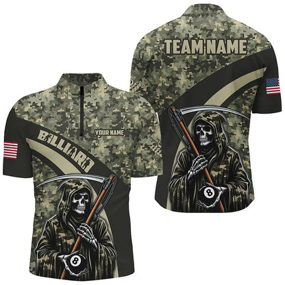 Billiard Polo Shirts, Personalized Death Skeleton Green Camo Billiard Shirts Custom Military Billiard Jerseys, Billiards Team Shirts