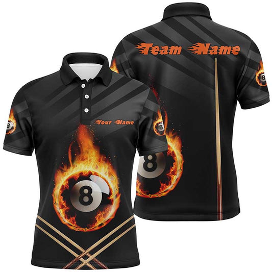 Billiard Polo Shirts, Personalized Fire 8 Ball Billiard 3D Polo Shirts, Custom Name 8 Ball Pool Team Jerseys, Billiards Team Shirts